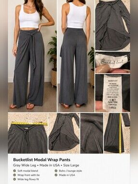 Bucketlist Wide Leg Wrap Pants Womens Large Gray Modal Made in USA Boho Lounge